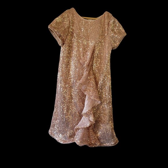 Girls Rose Gold Sequin Dress With Ruffle Detail & Short Sleeves Girls Size 10 - Picture 1 of 16